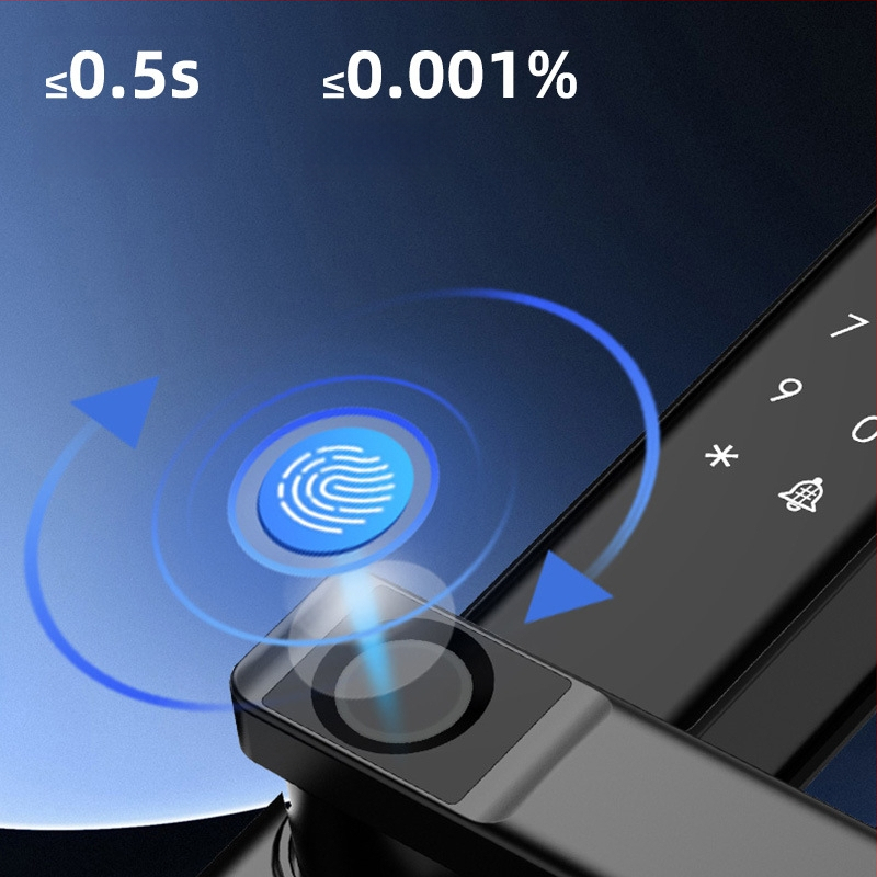 Умна брава за алуминиева врата с двойно разпознаване: пръстов отпечатък, парола и карта; водоустойчива, тънък кант. Съхранява до 100 отпечатъка; над 100000 отключвания; сканиране <0.05 сек; материал: алуминиева сплав.