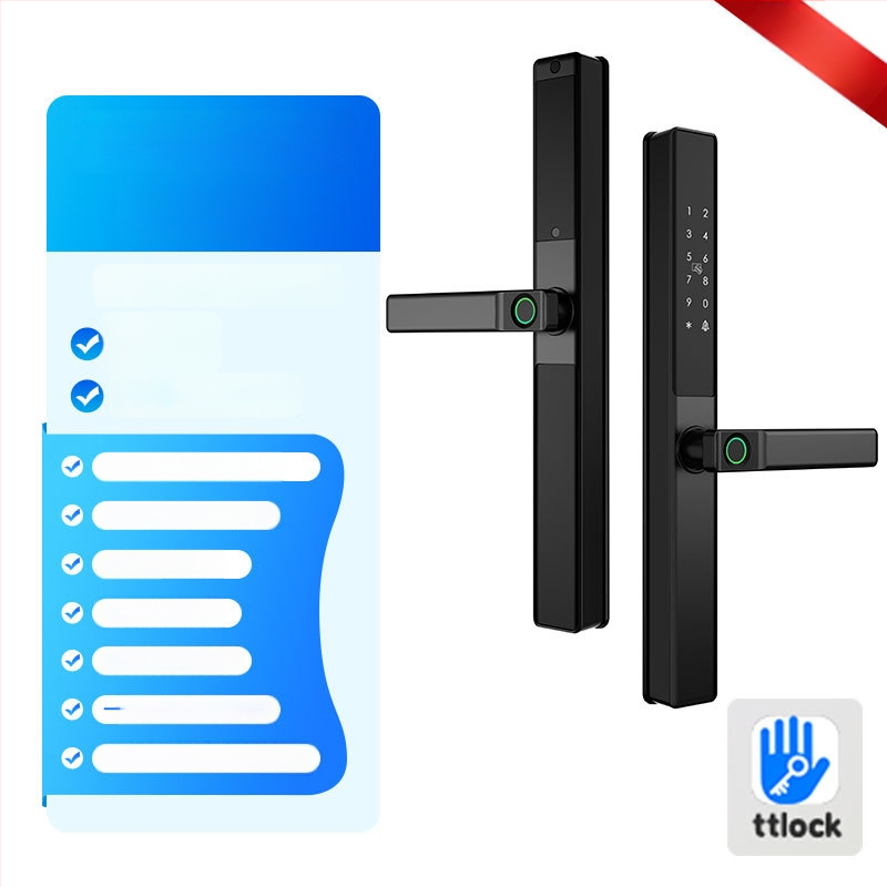 Умна брава за алуминиева врата с двойно разпознаване: пръстов отпечатък, парола и карта; водоустойчива, тънък кант. Съхранява до 100 отпечатъка; над 100000 отключвания; сканиране <0.05 сек; материал: алуминиева сплав.