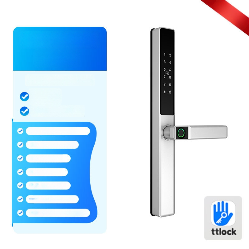 Умна брава за алуминиева врата с двойно разпознаване: пръстов отпечатък, парола и карта; водоустойчива, тънък кант. Съхранява до 100 отпечатъка; над 100000 отключвания; сканиране <0.05 сек; материал: алуминиева сплав.