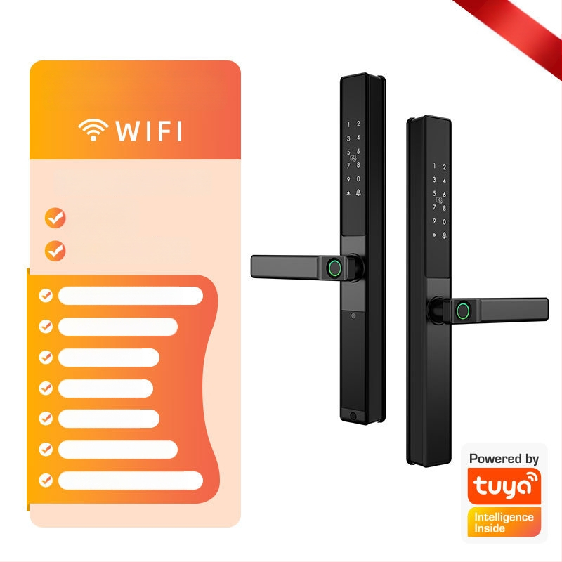 Умна брава за алуминиева врата с двойно разпознаване: пръстов отпечатък, парола и карта; водоустойчива, тънък кант. Съхранява до 100 отпечатъка; над 100000 отключвания; сканиране <0.05 сек; материал: алуминиева сплав.