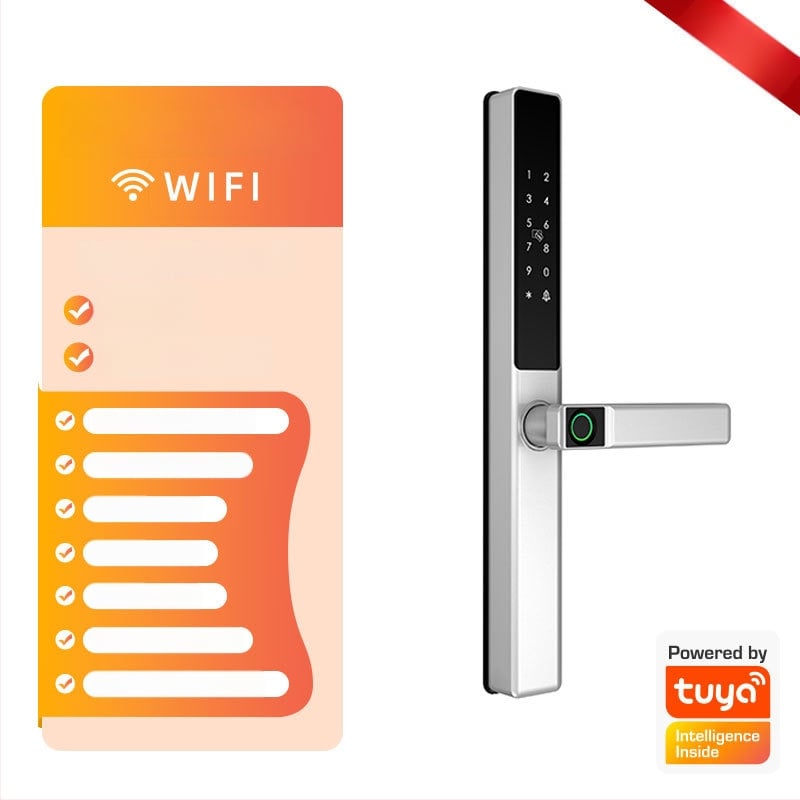 Умна брава за алуминиева врата с двойно разпознаване: пръстов отпечатък, парола и карта; водоустойчива, тънък кант. Съхранява до 100 отпечатъка; над 100000 отключвания; сканиране <0.05 сек; материал: алуминиева сплав.