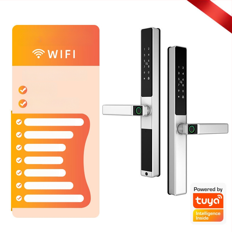 Умна брава за алуминиева врата с двойно разпознаване: пръстов отпечатък, парола и карта; водоустойчива, тънък кант. Съхранява до 100 отпечатъка; над 100000 отключвания; сканиране <0.05 сек; материал: алуминиева сплав.