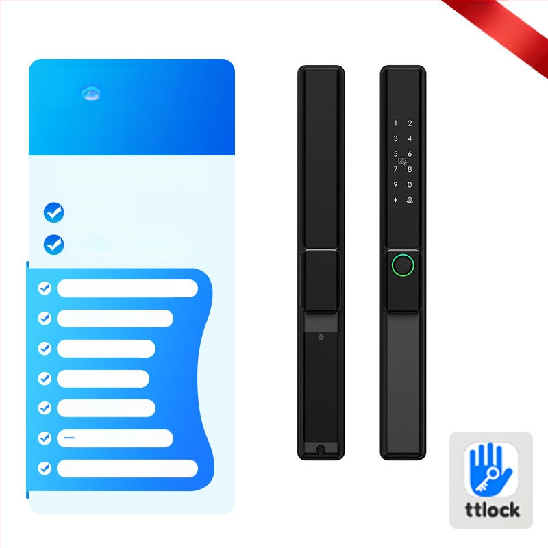 Умна брава за алуминиева врата с двойно разпознаване: пръстов отпечатък, парола и карта; водоустойчива, тънък кант. Съхранява до 100 отпечатъка; над 100000 отключвания; сканиране <0.05 сек; материал: алуминиева сплав.