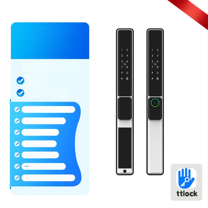 Умна брава за алуминиева врата с двойно разпознаване: пръстов отпечатък, парола и карта; водоустойчива, тънък кант. Съхранява до 100 отпечатъка; над 100000 отключвания; сканиране <0.05 сек; материал: алуминиева сплав.