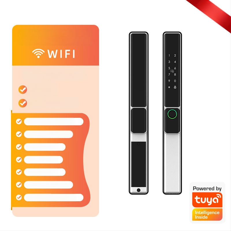 Умна брава за алуминиева врата с двойно разпознаване: пръстов отпечатък, парола и карта; водоустойчива, тънък кант. Съхранява до 100 отпечатъка; над 100000 отключвания; сканиране <0.05 сек; материал: алуминиева сплав.