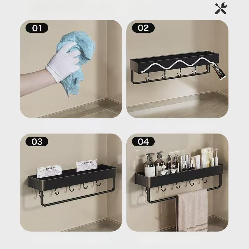 Raft montat pe perete pentru prosoape, fără găuri, din aliaj de aluminiu, tavă pliabilă, capacitate 10 kg