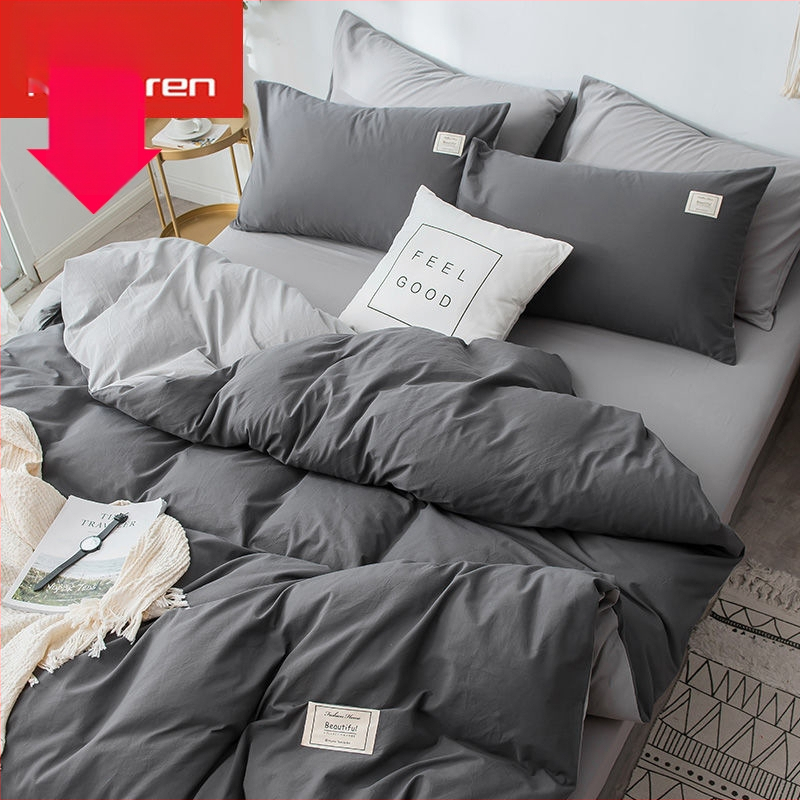 Set de lenjerie de pat din patru piese, în stil korean, design modern minimalist; material poliester, țesătură simplă, imprimare reactive și vopsire