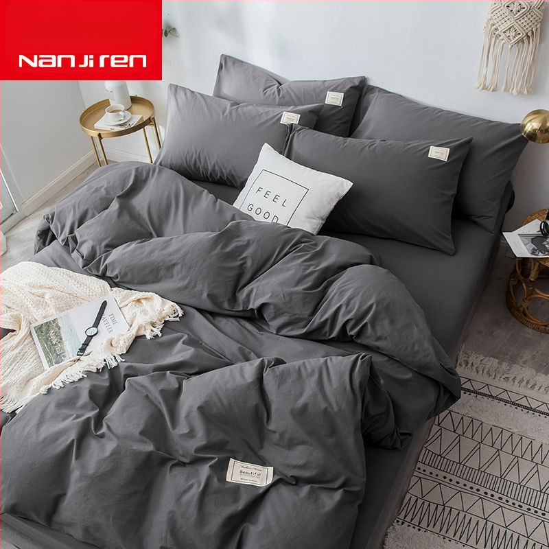 Set de lenjerie de pat din patru piese, în stil korean, design modern minimalist; material poliester, țesătură simplă, imprimare reactive și vopsire