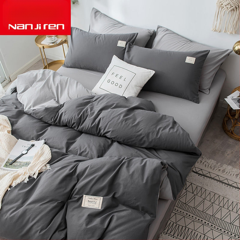 Set de lenjerie de pat din patru piese, în stil korean, design modern minimalist; material poliester, țesătură simplă, imprimare reactive și vopsire