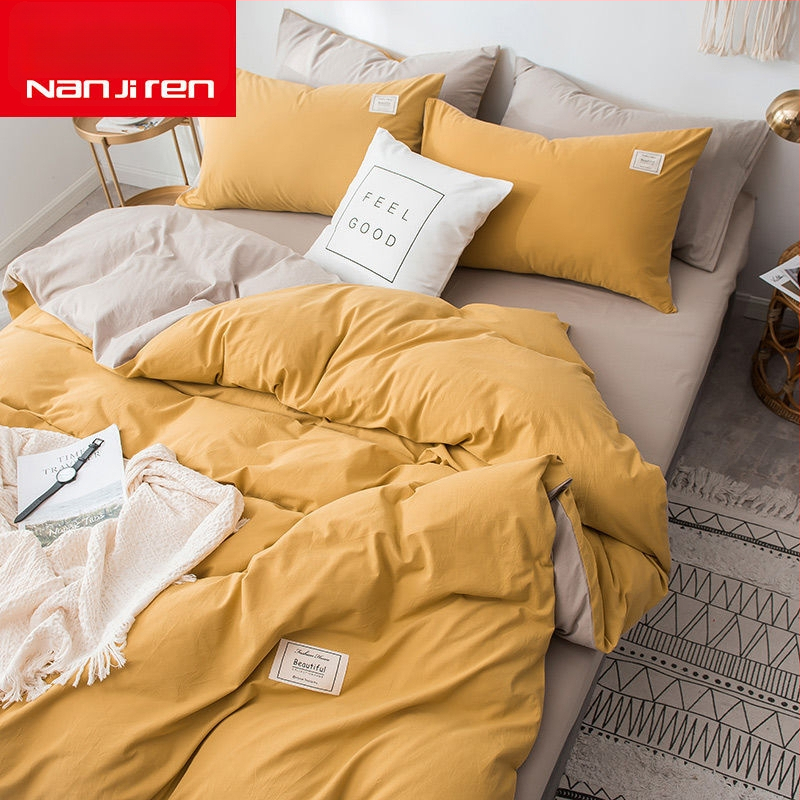 Set de lenjerie de pat din patru piese, în stil korean, design modern minimalist; material poliester, țesătură simplă, imprimare reactive și vopsire