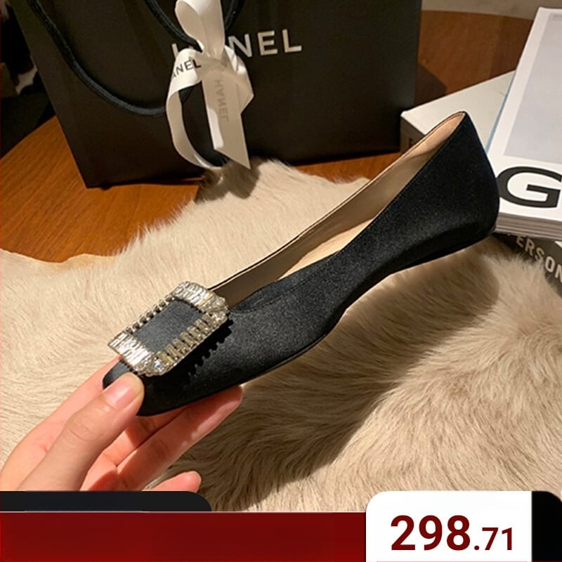 Ženske satenske ravne cipele s četvrtastim nosom, štras dekorom i četvrtastom kopčom, niski pet, za svakodnevnu upotrebu