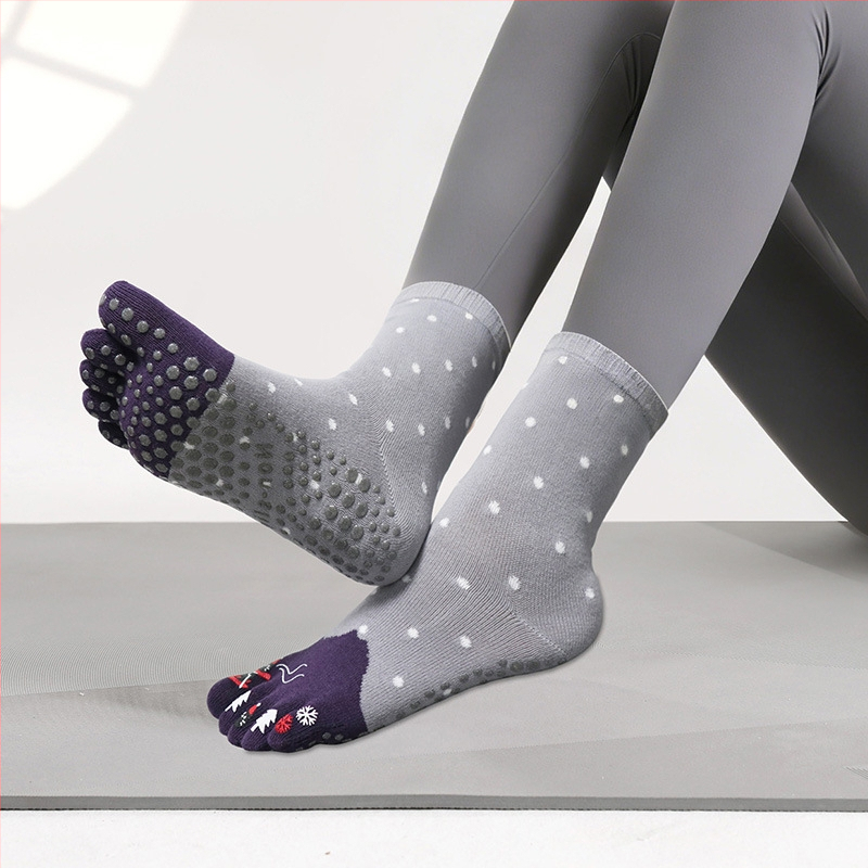 Памучни чорапи за йога с разделени пръсти, антихлъзгащи и попиват пот, средна дължина, за йога и пилатес
