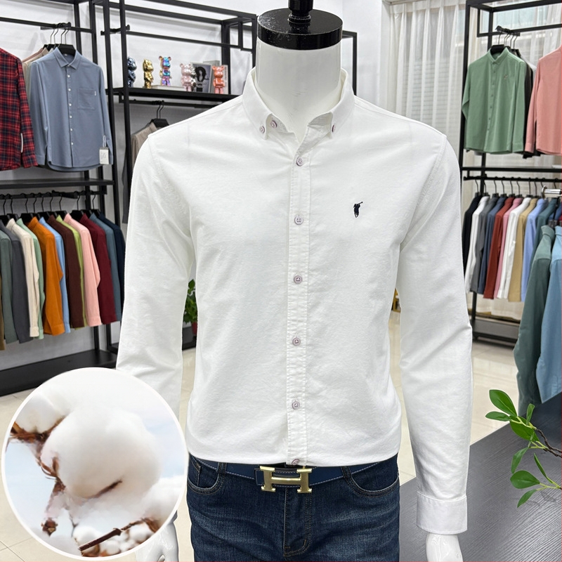 Cămașă bărbați cu mânecă lungă, brodată, stil cardigan, croială lejeră, țesătură din amestec de bumbac