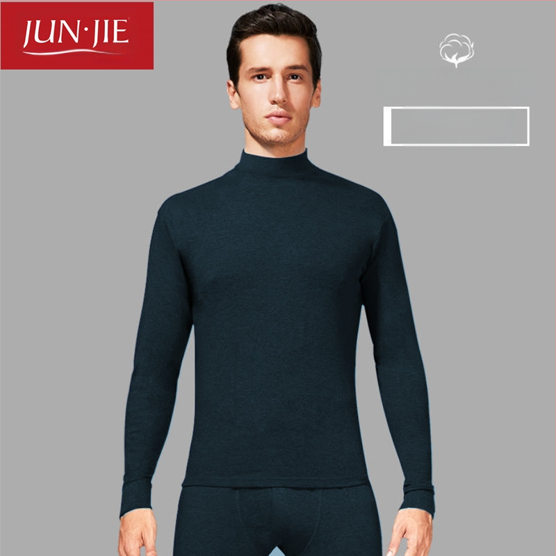 Set de lenjerie termică din bumbac pentru bărbați, top pulover cu mânecă lungă și pantaloni – 100% bumbac, țesătură de greutate medie, guler înalt