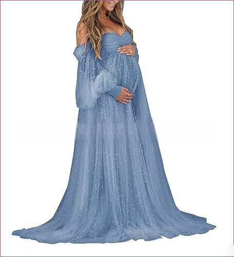 Rochie cu un umăr, din plasă patchwork, maternitate, A-line lungă, mâneci puff