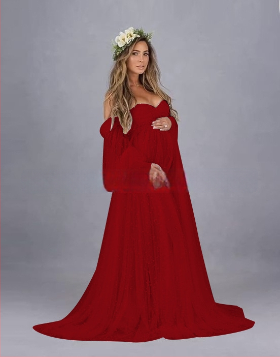 Rochie cu un umăr, din plasă patchwork, maternitate, A-line lungă, mâneci puff