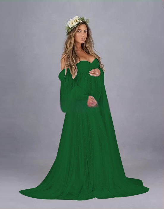 Rochie cu un umăr, din plasă patchwork, maternitate, A-line lungă, mâneci puff