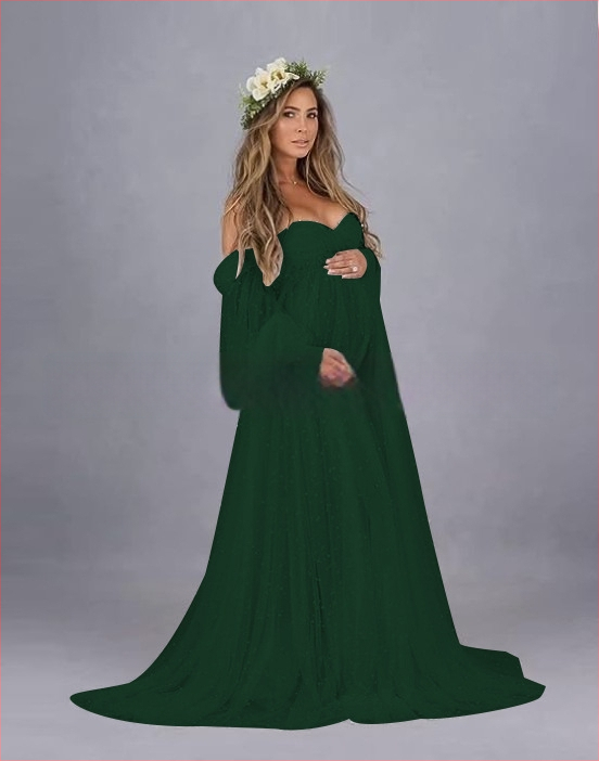 Rochie cu un umăr, din plasă patchwork, maternitate, A-line lungă, mâneci puff