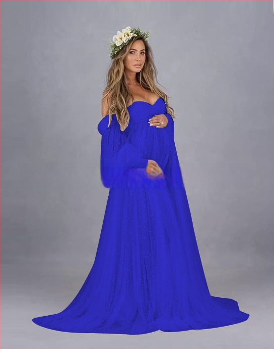 Rochie cu un umăr, din plasă patchwork, maternitate, A-line lungă, mâneci puff