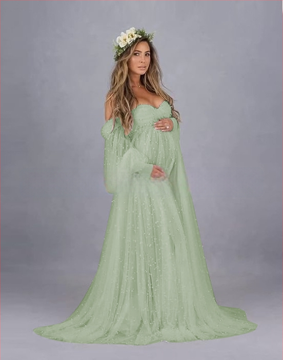 Rochie cu un umăr, din plasă patchwork, maternitate, A-line lungă, mâneci puff