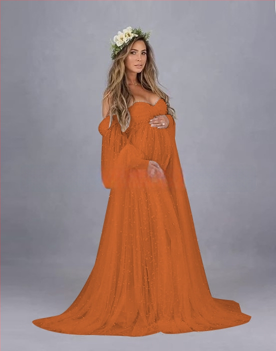 Rochie cu un umăr, din plasă patchwork, maternitate, A-line lungă, mâneci puff