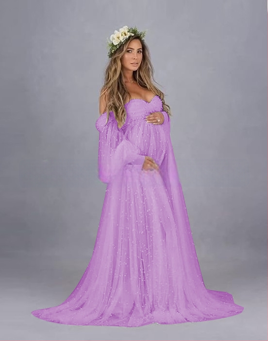 Rochie cu un umăr, din plasă patchwork, maternitate, A-line lungă, mâneci puff