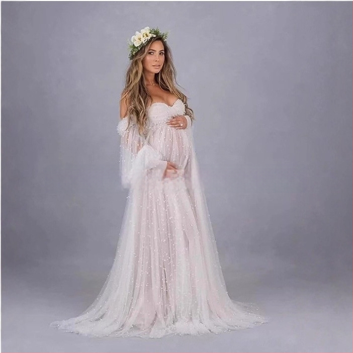 Rochie cu un umăr, din plasă patchwork, maternitate, A-line lungă, mâneci puff