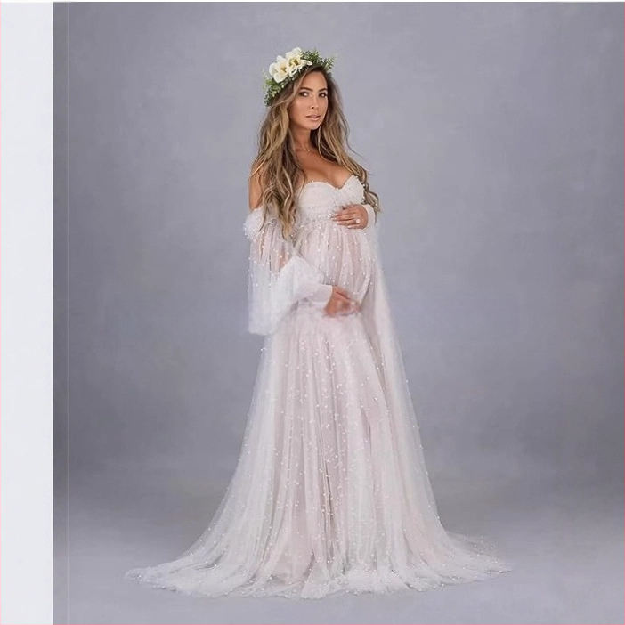 Rochie cu un umăr, din plasă patchwork, maternitate, A-line lungă, mâneci puff