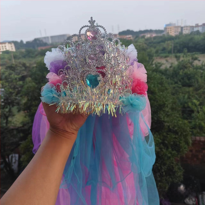 Κορώνα με βέλο για παιδιά, πλέγμα, καρτούν στυλ, unisex, διπλό στρώμα, προσαρμογή κατά παραγγελία