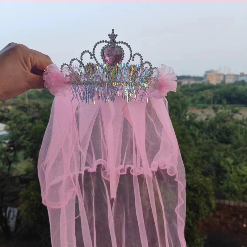 Κορώνα με βέλο για παιδιά, πλέγμα, καρτούν στυλ, unisex, διπλό στρώμα, προσαρμογή κατά παραγγελία