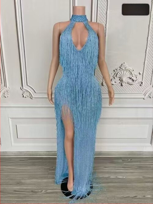 Dlhé šaty s strapcami na krk, halterneck pre scénické vystúpenie, dámske šaty z kože kozy a zmesi spandex (90–95% kože kozy)