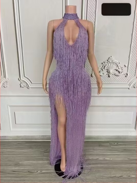 Dlhé šaty s strapcami na krk, halterneck pre scénické vystúpenie, dámske šaty z kože kozy a zmesi spandex (90–95% kože kozy)