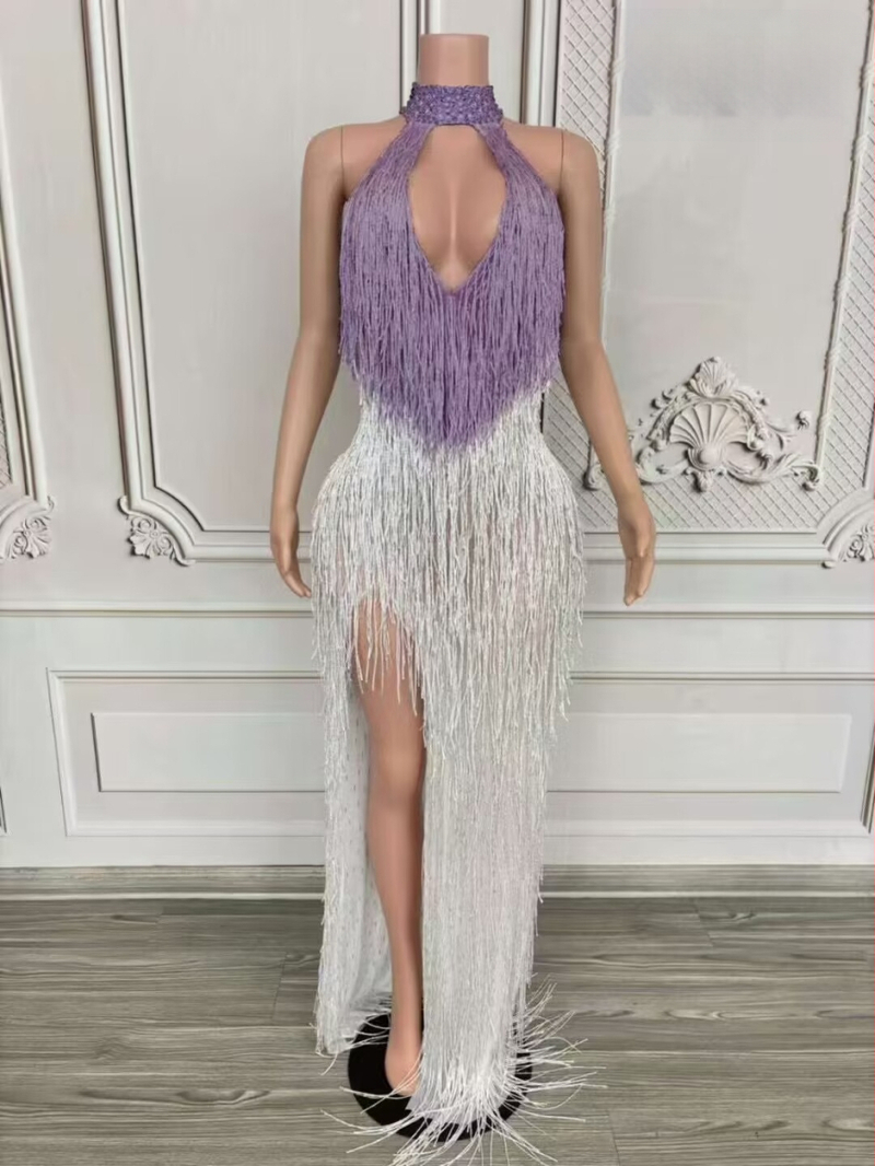 Dlhé šaty s strapcami na krk, halterneck pre scénické vystúpenie, dámske šaty z kože kozy a zmesi spandex (90–95% kože kozy)