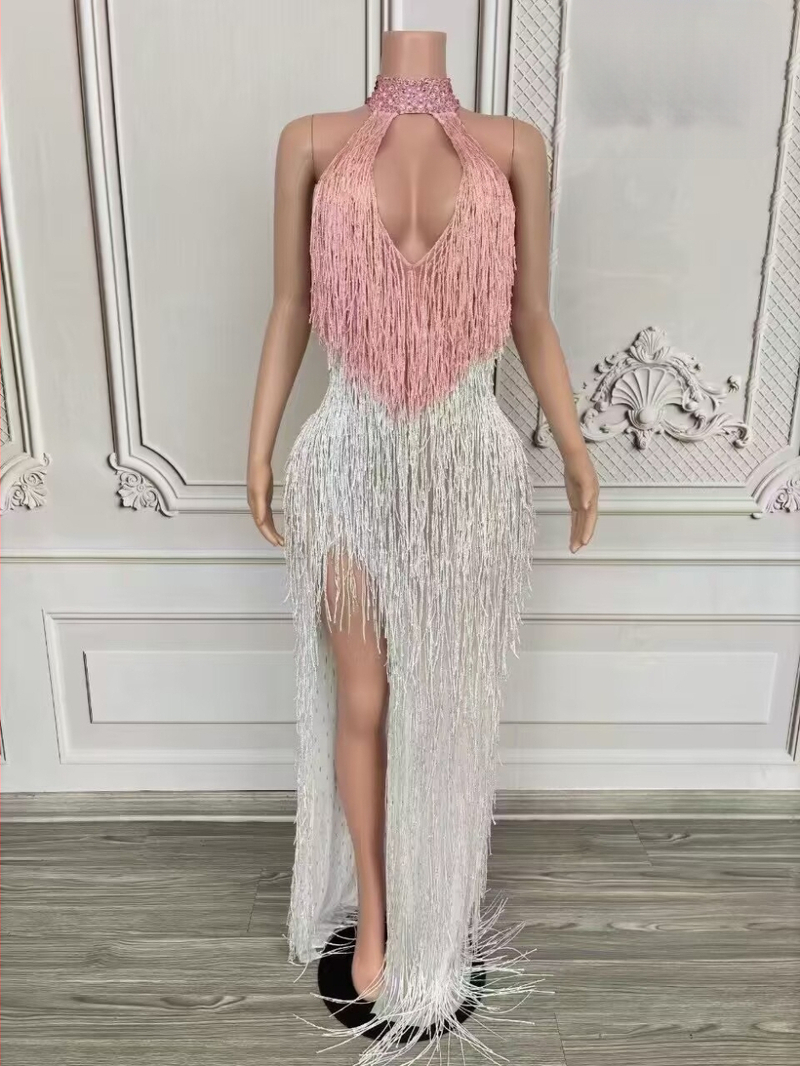 Dlhé šaty s strapcami na krk, halterneck pre scénické vystúpenie, dámske šaty z kože kozy a zmesi spandex (90–95% kože kozy)