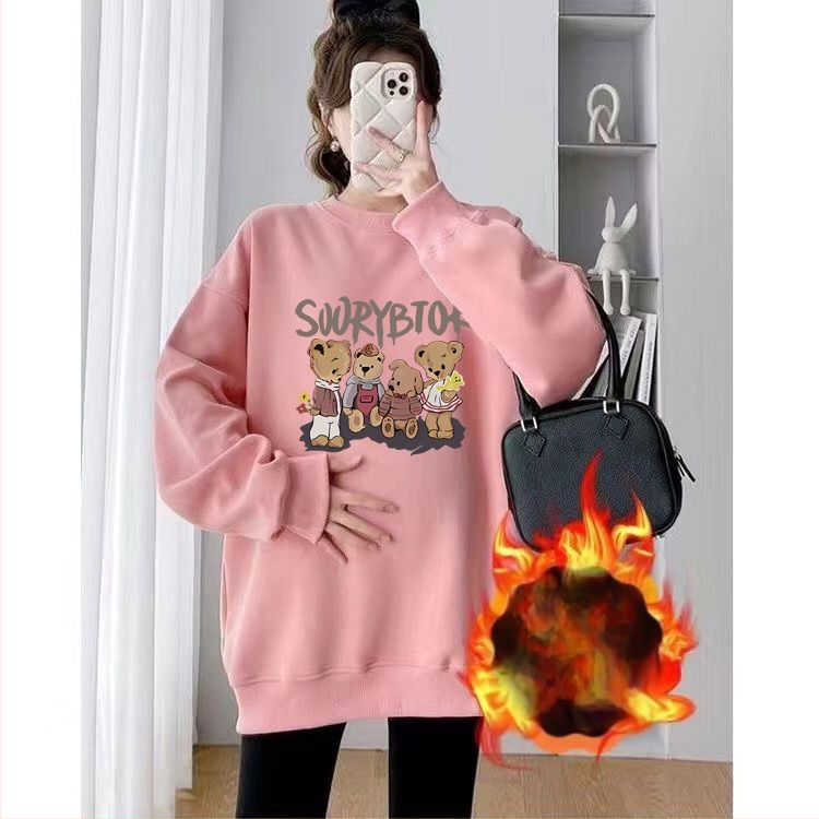 Set maternitate toamnă-iarnă cu două piese – Air Cotton, căptușit cu fleece, top cu guler rotund, croi liber, lungime medie, acoperă posteriorul, stil casual japonez-coreean