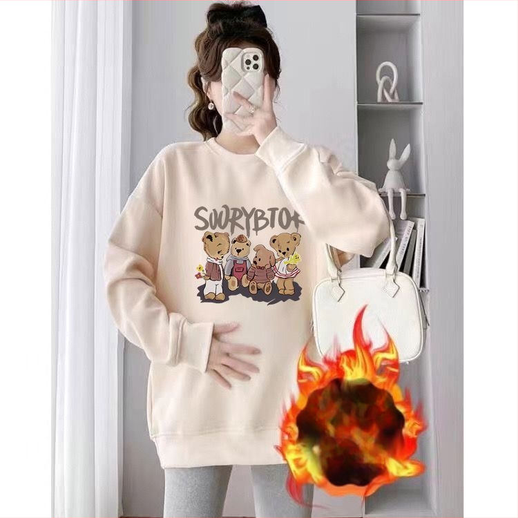 Set maternitate toamnă-iarnă cu două piese – Air Cotton, căptușit cu fleece, top cu guler rotund, croi liber, lungime medie, acoperă posteriorul, stil casual japonez-coreean