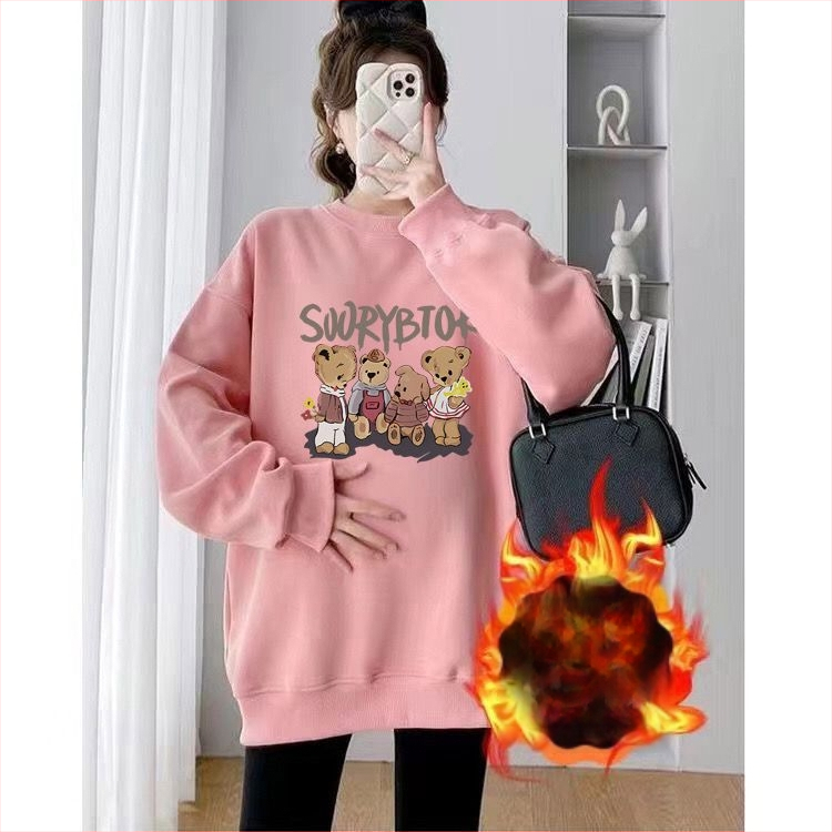 Set maternitate toamnă-iarnă cu două piese – Air Cotton, căptușit cu fleece, top cu guler rotund, croi liber, lungime medie, acoperă posteriorul, stil casual japonez-coreean