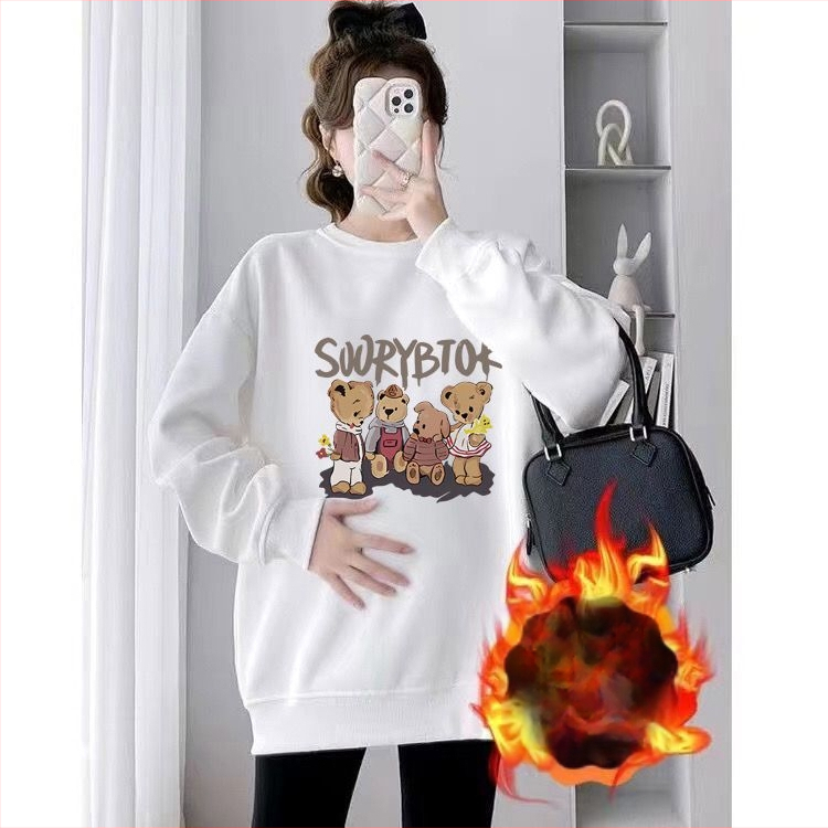 Set maternitate toamnă-iarnă cu două piese – Air Cotton, căptușit cu fleece, top cu guler rotund, croi liber, lungime medie, acoperă posteriorul, stil casual japonez-coreean