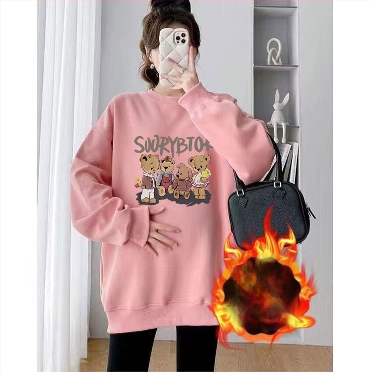 Set maternitate toamnă-iarnă cu două piese – Air Cotton, căptușit cu fleece, top cu guler rotund, croi liber, lungime medie, acoperă posteriorul, stil casual japonez-coreean