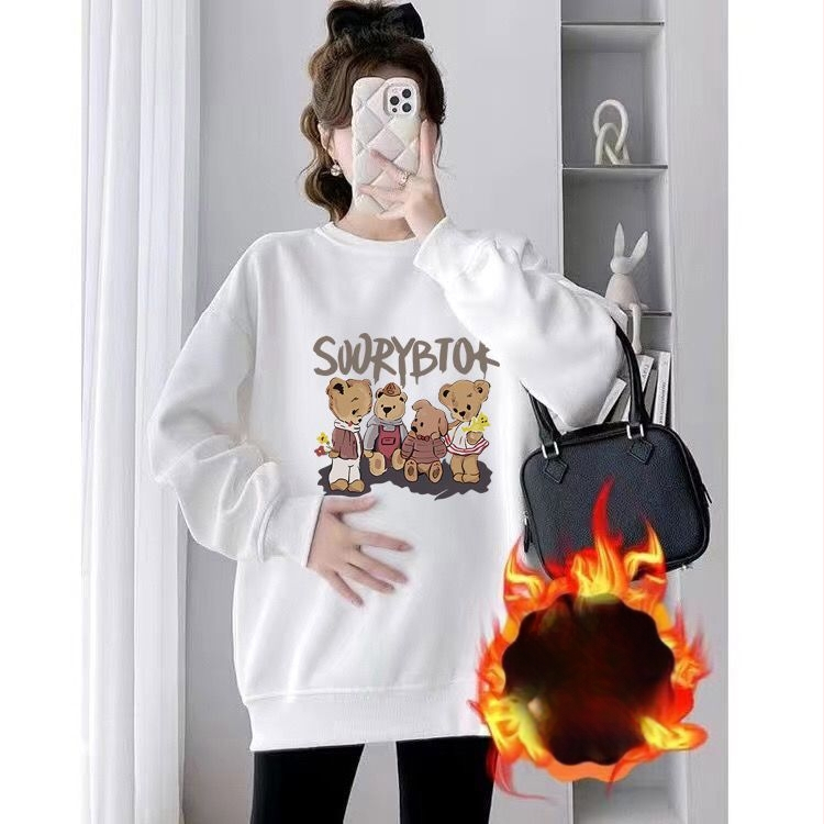 Set maternitate toamnă-iarnă cu două piese – Air Cotton, căptușit cu fleece, top cu guler rotund, croi liber, lungime medie, acoperă posteriorul, stil casual japonez-coreean