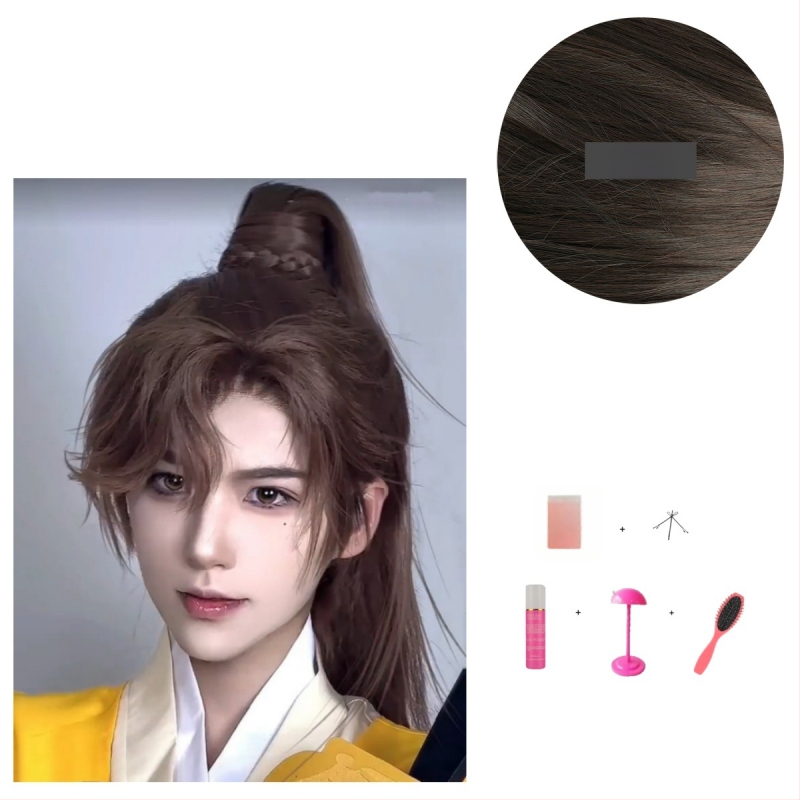 Férfi Hanfu paróka – ősi stílus, hosszú haj, magas konty, teljes fejfedő, hőálló szintetikus szál