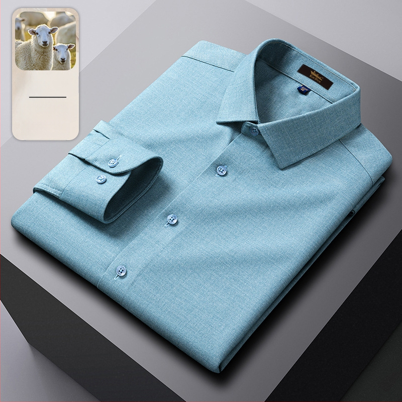 Cămașă din lână, în dungi, guler ascuțit, mâneci lungi, croială lejeră.