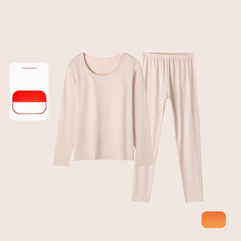 Set termic din bumbac pentru femei: țesătură subțire (121–140 g/m²), 95–100% bumbac, tricou cu mânecă lungă cu guler rotund și pantaloni asortați, strat de bază pentru purtare exterior
