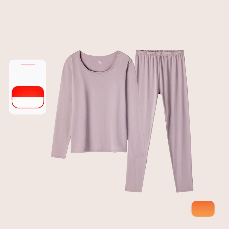 Set termic din bumbac pentru femei: țesătură subțire (121–140 g/m²), 95–100% bumbac, tricou cu mânecă lungă cu guler rotund și pantaloni asortați, strat de bază pentru purtare exterior