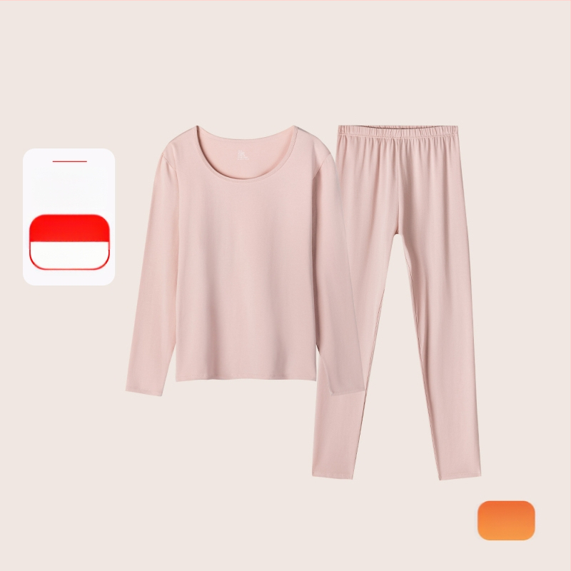 Set termic din bumbac pentru femei: țesătură subțire (121–140 g/m²), 95–100% bumbac, tricou cu mânecă lungă cu guler rotund și pantaloni asortați, strat de bază pentru purtare exterior