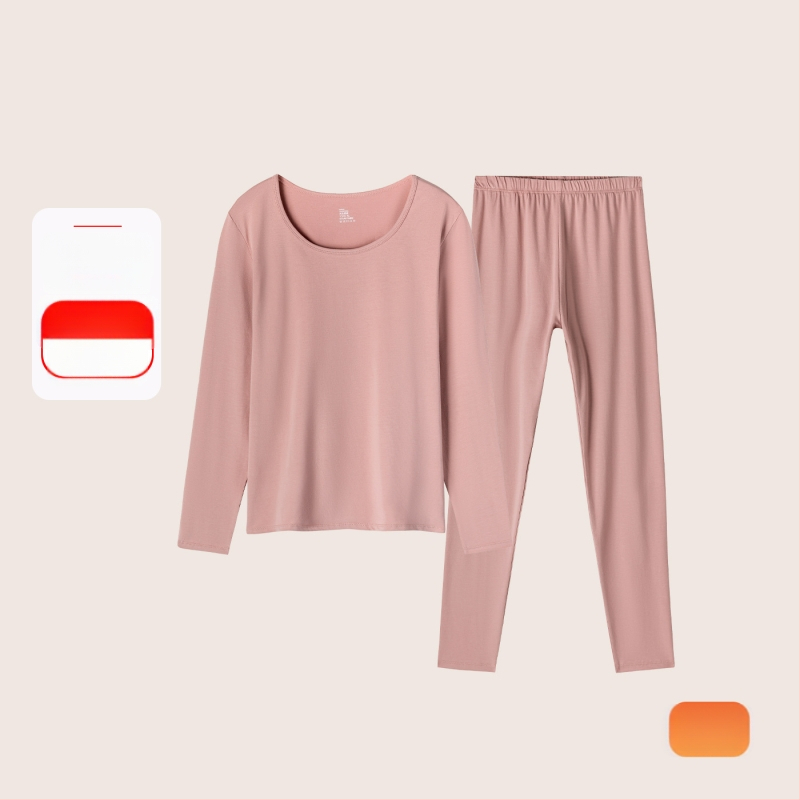 Set termic din bumbac pentru femei: țesătură subțire (121–140 g/m²), 95–100% bumbac, tricou cu mânecă lungă cu guler rotund și pantaloni asortați, strat de bază pentru purtare exterior