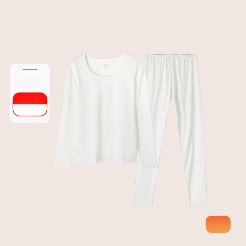 Set termic din bumbac pentru femei: țesătură subțire (121–140 g/m²), 95–100% bumbac, tricou cu mânecă lungă cu guler rotund și pantaloni asortați, strat de bază pentru purtare exterior