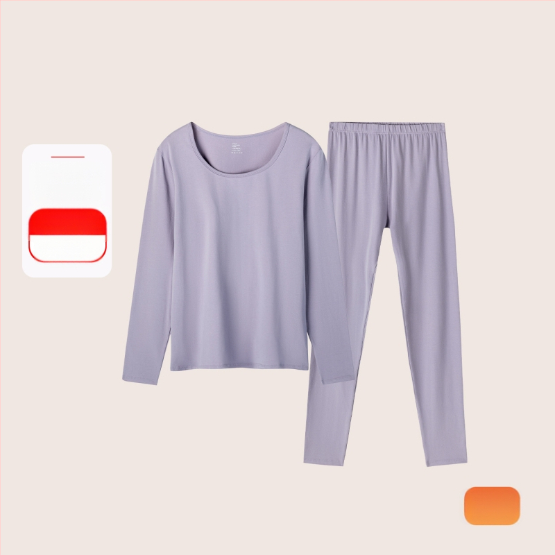 Set termic din bumbac pentru femei: țesătură subțire (121–140 g/m²), 95–100% bumbac, tricou cu mânecă lungă cu guler rotund și pantaloni asortați, strat de bază pentru purtare exterior
