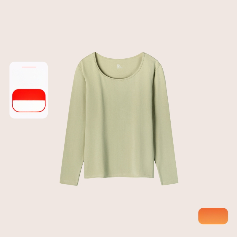 Set termic din bumbac pentru femei: țesătură subțire (121–140 g/m²), 95–100% bumbac, tricou cu mânecă lungă cu guler rotund și pantaloni asortați, strat de bază pentru purtare exterior