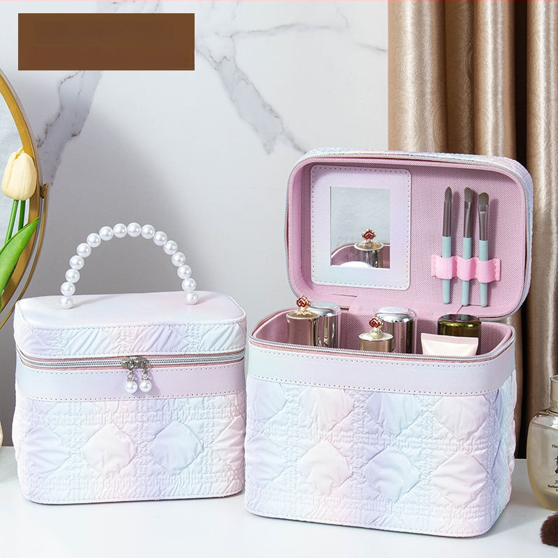 Kozmetička torbica s ogledalom, PVC materijal, zatvarač, karirani uzorak, prijenosna s univerzalnim kotačićima